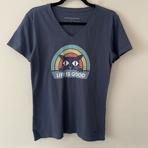 Life is Good Womens Cat Graphic Crusher Tee Navy Size S Cotton Crazy Cat Lady